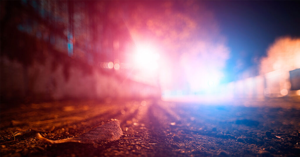 Autumn leaf on the road surface with blue and red police lights in the background